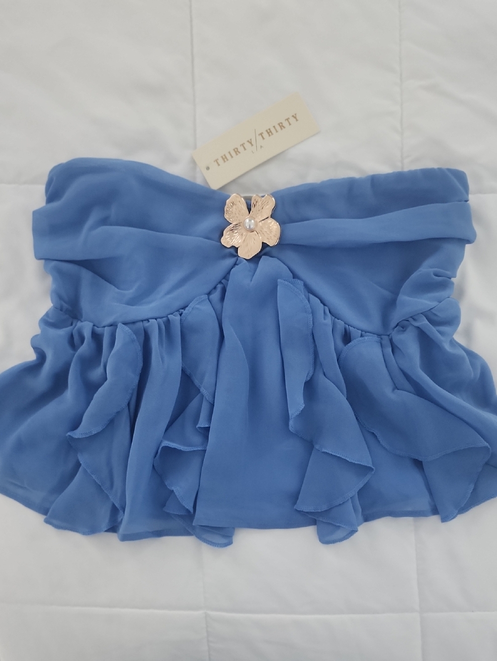 Thirty | Thirty Blue Ruffle Strapless Top with Floral Accent